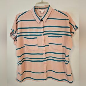 LuLaRoe Pink and Blue Casual Button Down Shirt